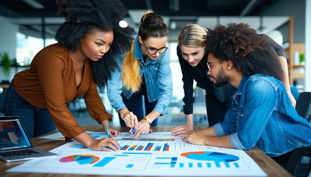 Team collaborating on innovative software solutions Team collaborating on innovative software solutions