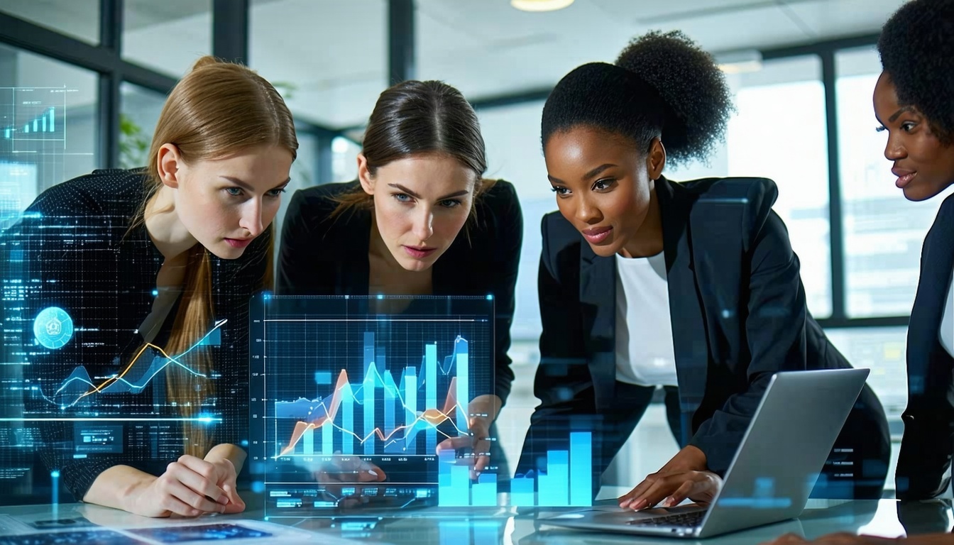 Diverse business team reviewing data analytics