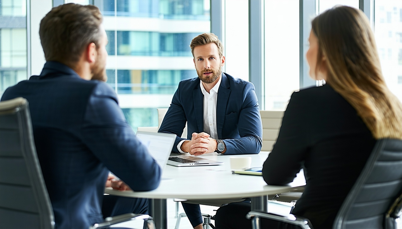 Consultant advising business leaders in a modern office